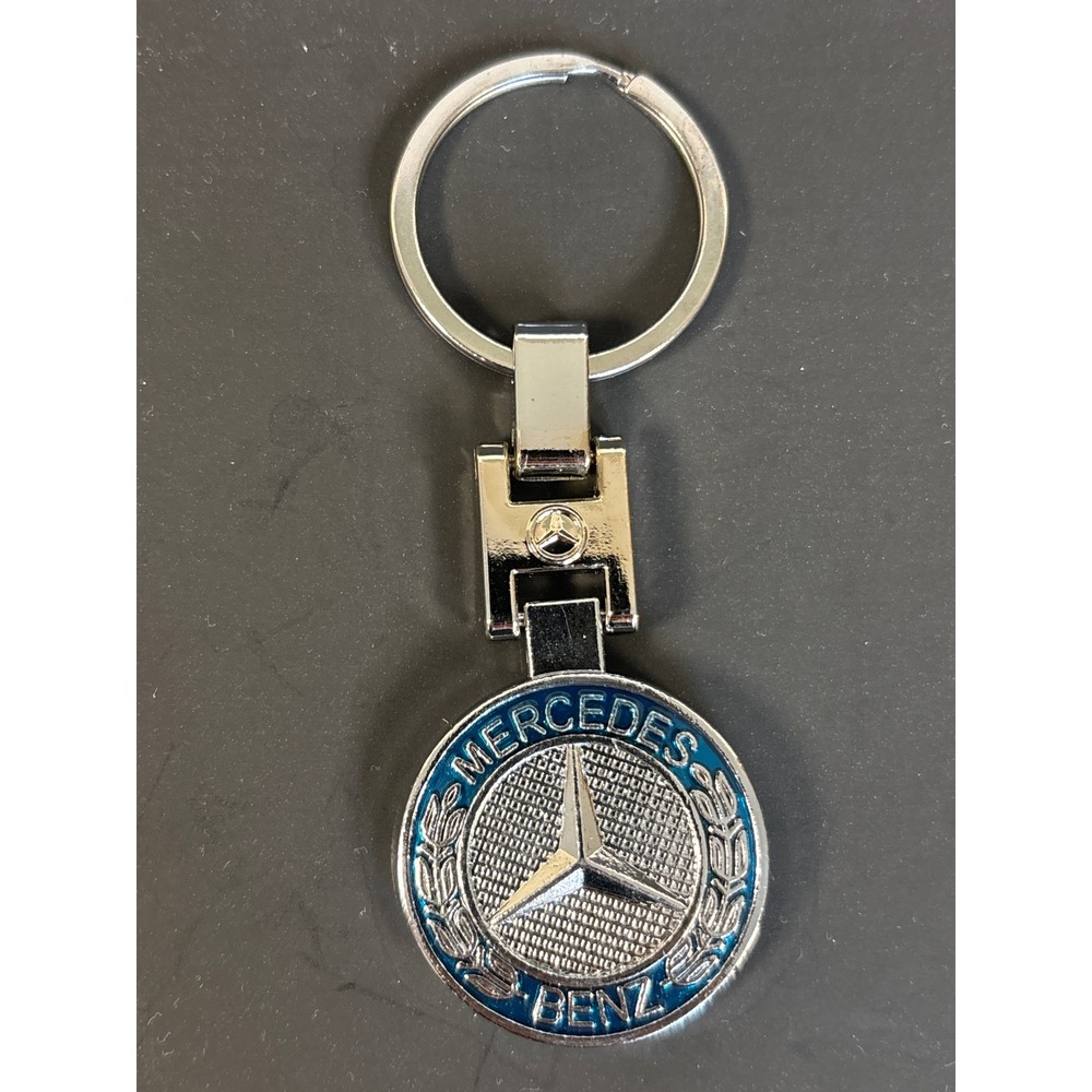 Mercedes Benz Silver Blue Laurel Wreath Logo Keychain with Gift Box